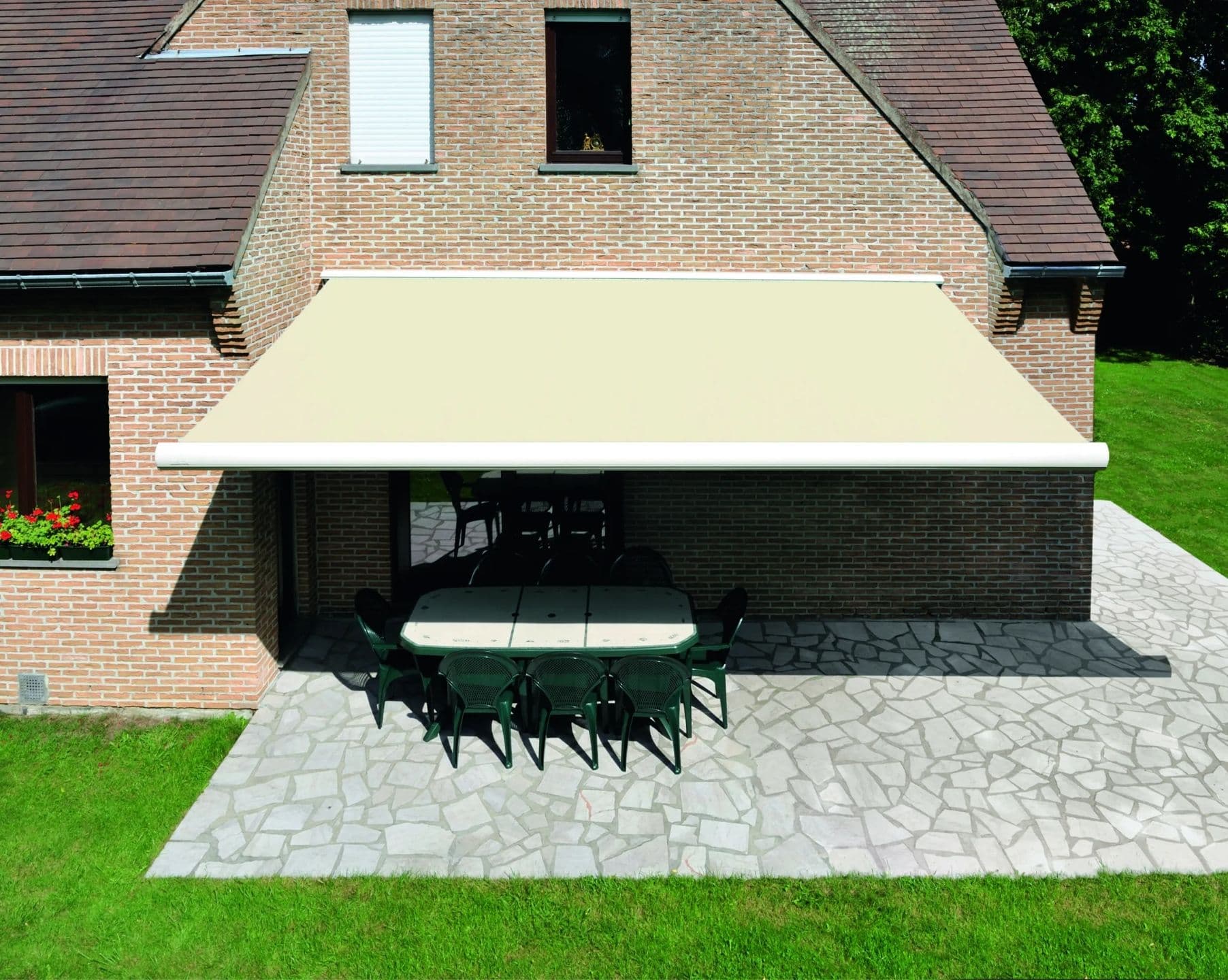 A retractable outdoor awning by Midwest Home Solutions.