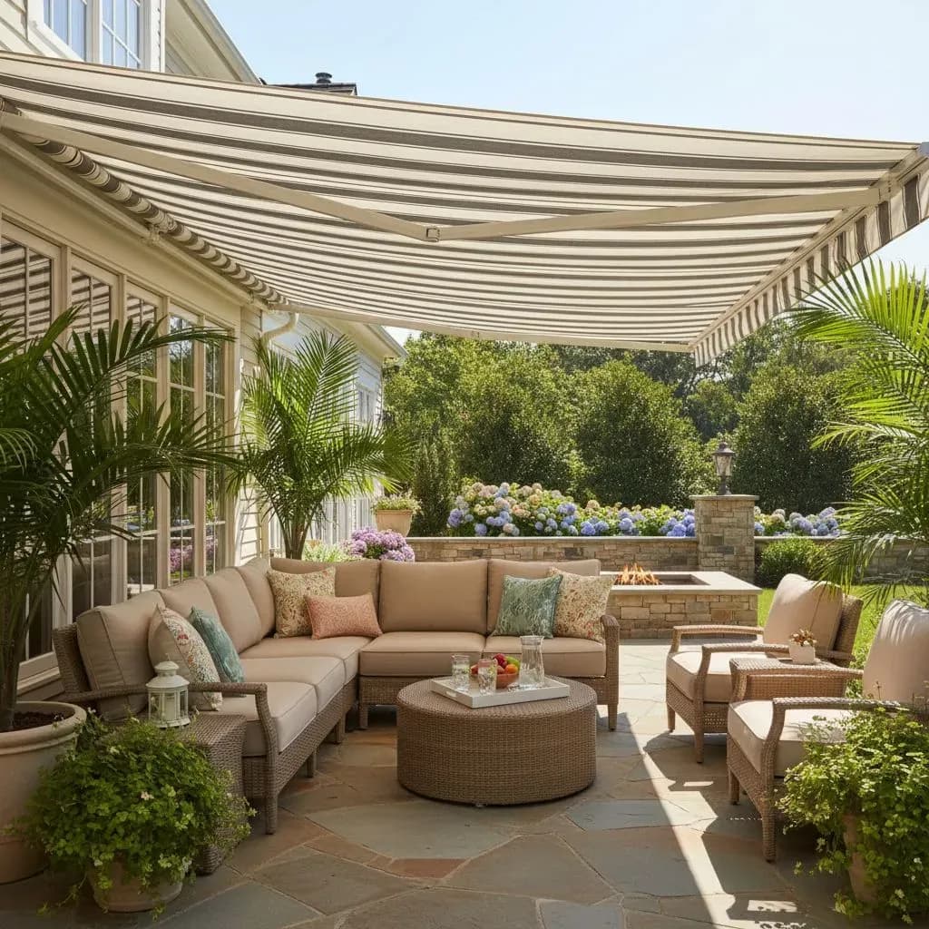 A black and white striped retractable awning covers a stone patio with tan patio furniture.