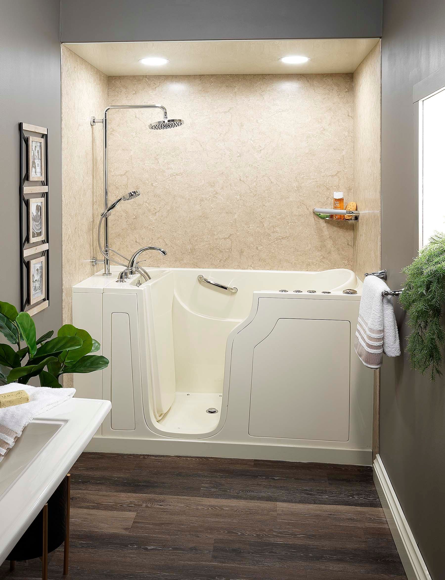 A gray bathroom with an accessible walk-in bathtub and shower.