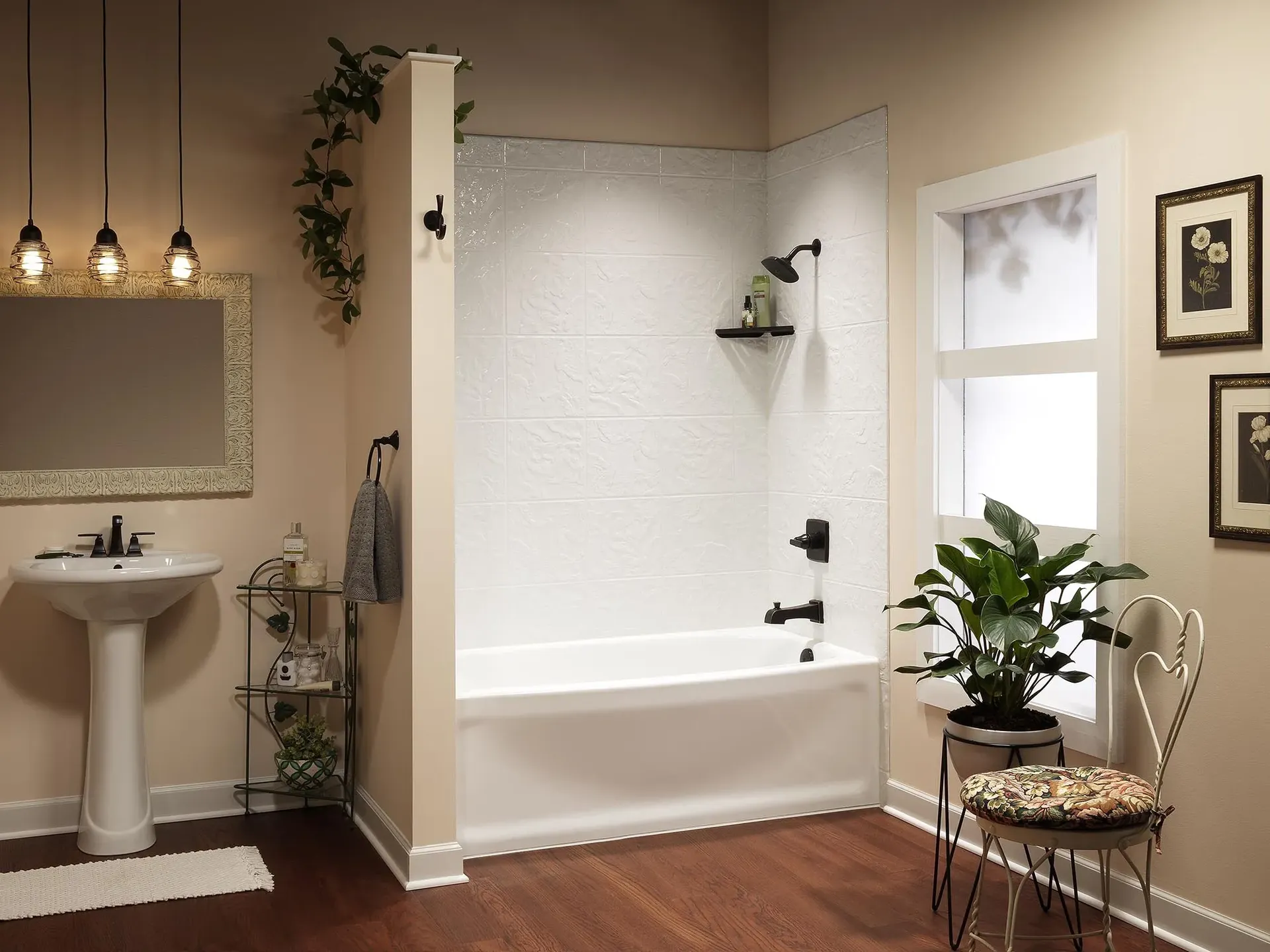 A beige bathroom with a combination shower bathtub with textured walls, black fixtures, and corner shelves.