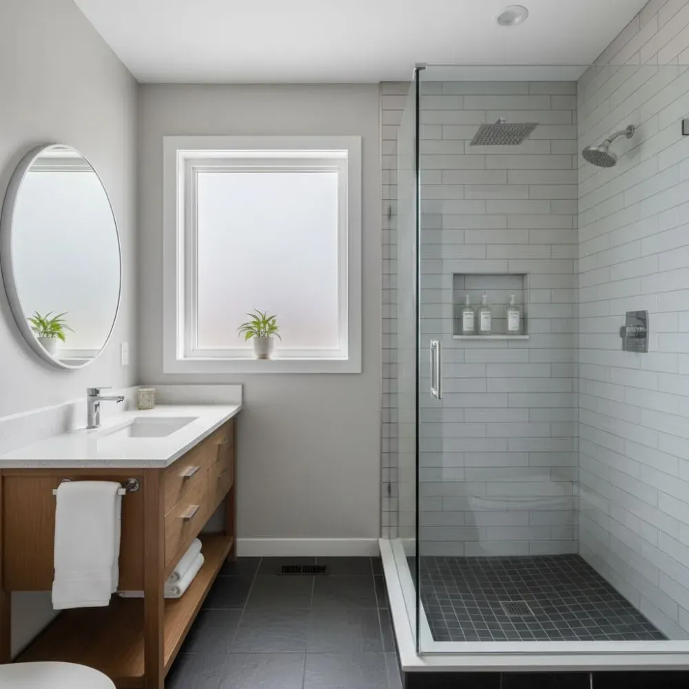 A light gray bathroom with a walk-in shower with glass walls and white tiled walls.
