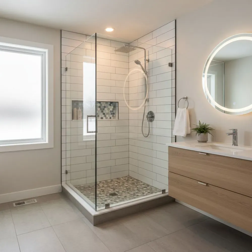 An off-white bathroom with a corner shower with glass door and white tile walls.