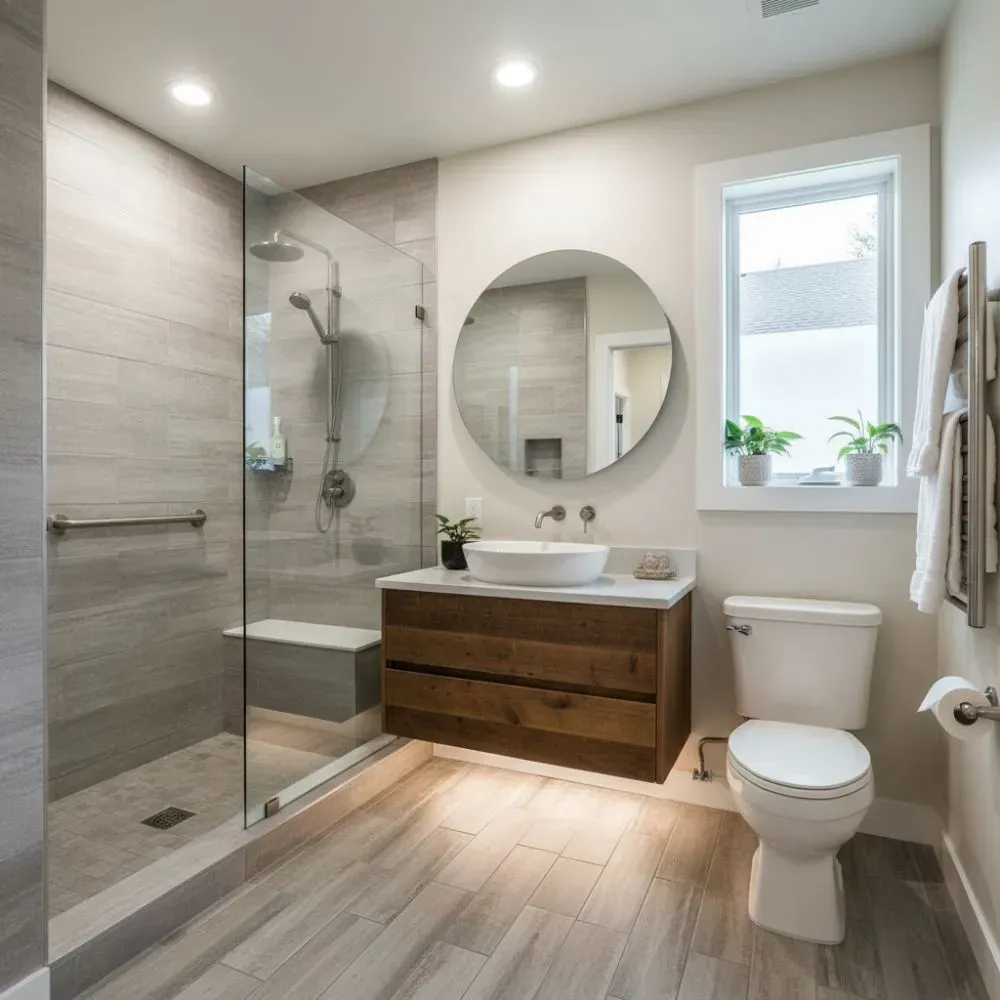 A modern bathroom with a walk-in shower with half-wall glass partition and textured gray walls.