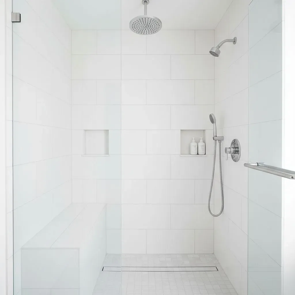 A walk-in shower with large white tile walls and built-in bench seating and wall caddies.
