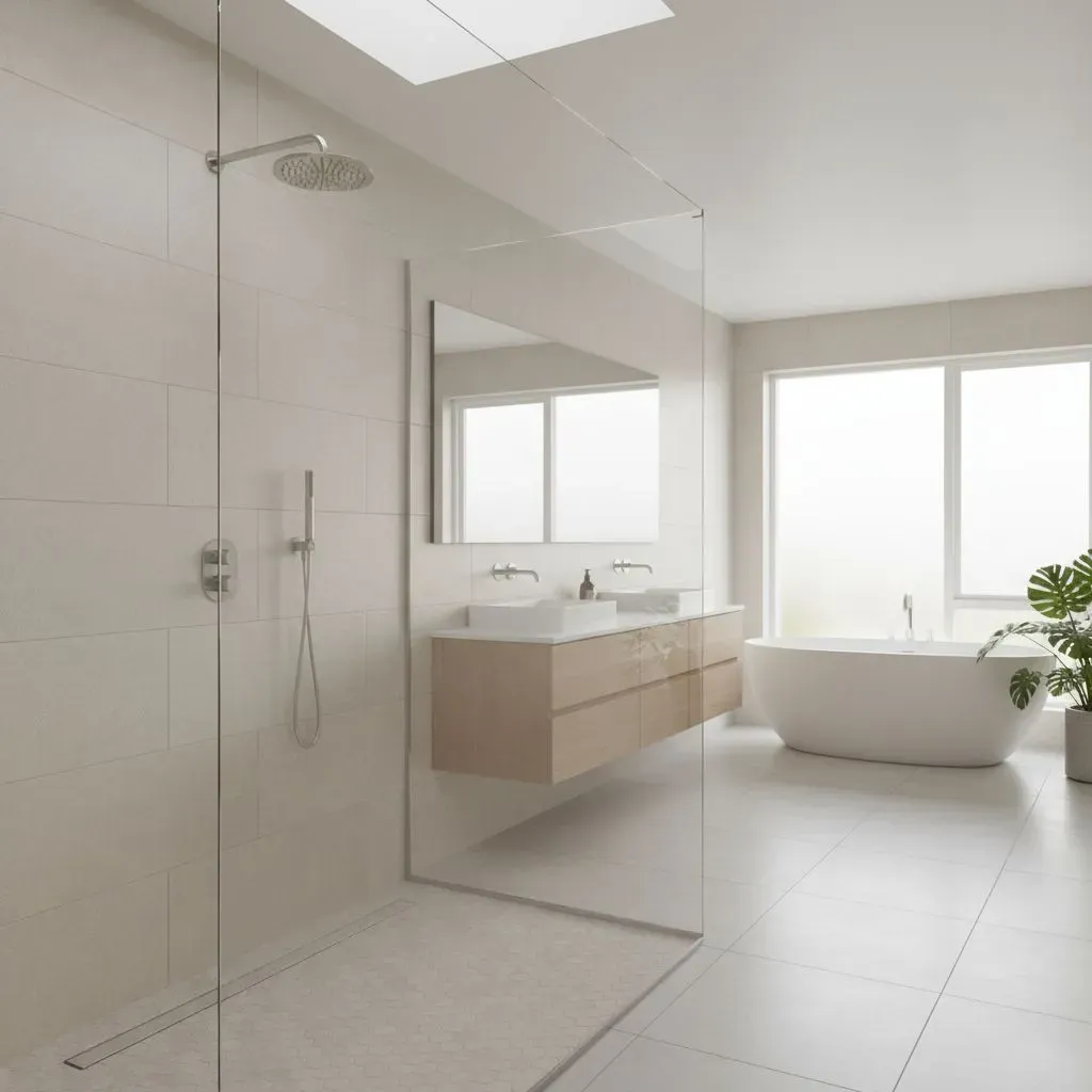 A walk-in shower with glass walls in a light gray bathroom. A free-standing soaking tub is in the background.