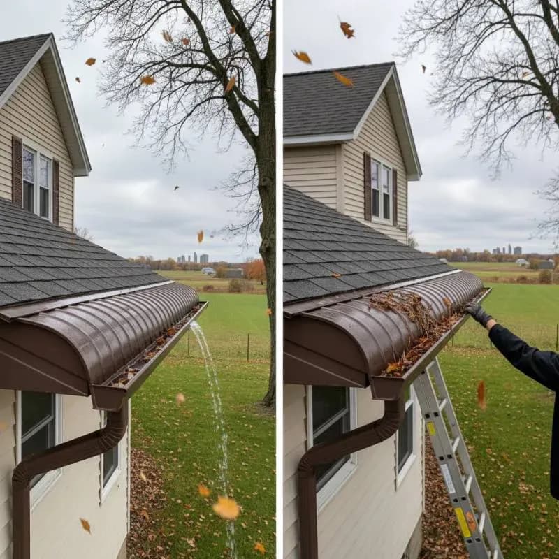 A side-by-side comparison of a clogged, overflowing gutter.