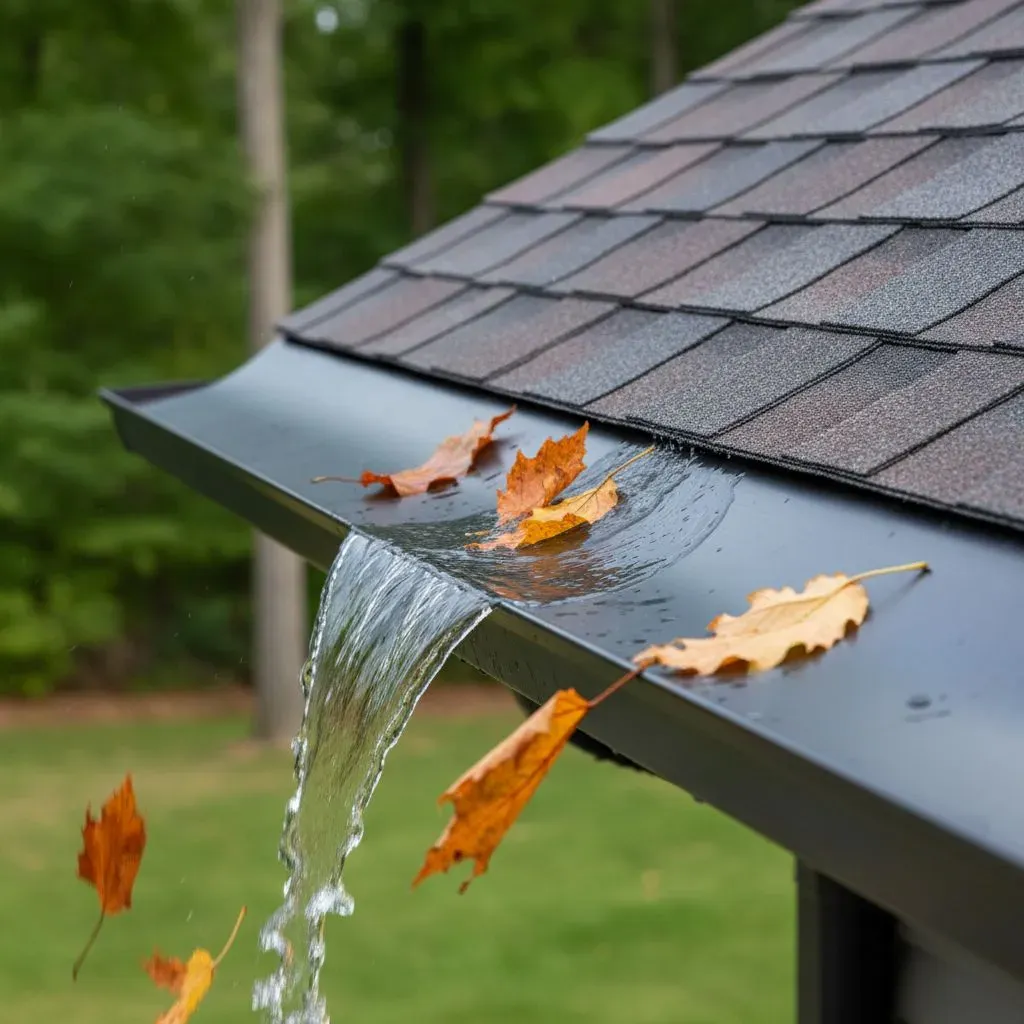 Water and leaves run off of a protected gutter.