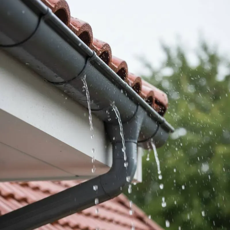 A leaking, overflowing dark gray gutter on a house with red roof tiles.