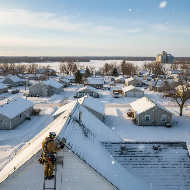 A worker on a ladder inspects a roof on a snow-covered house.