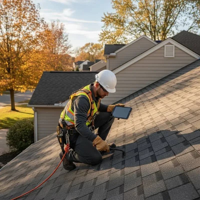 A worker in a safety vest and hard hat holds a tablet and inspects a roof.