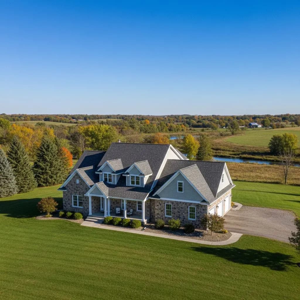 A stone house in a rural area with new asphalt shingle roofing.