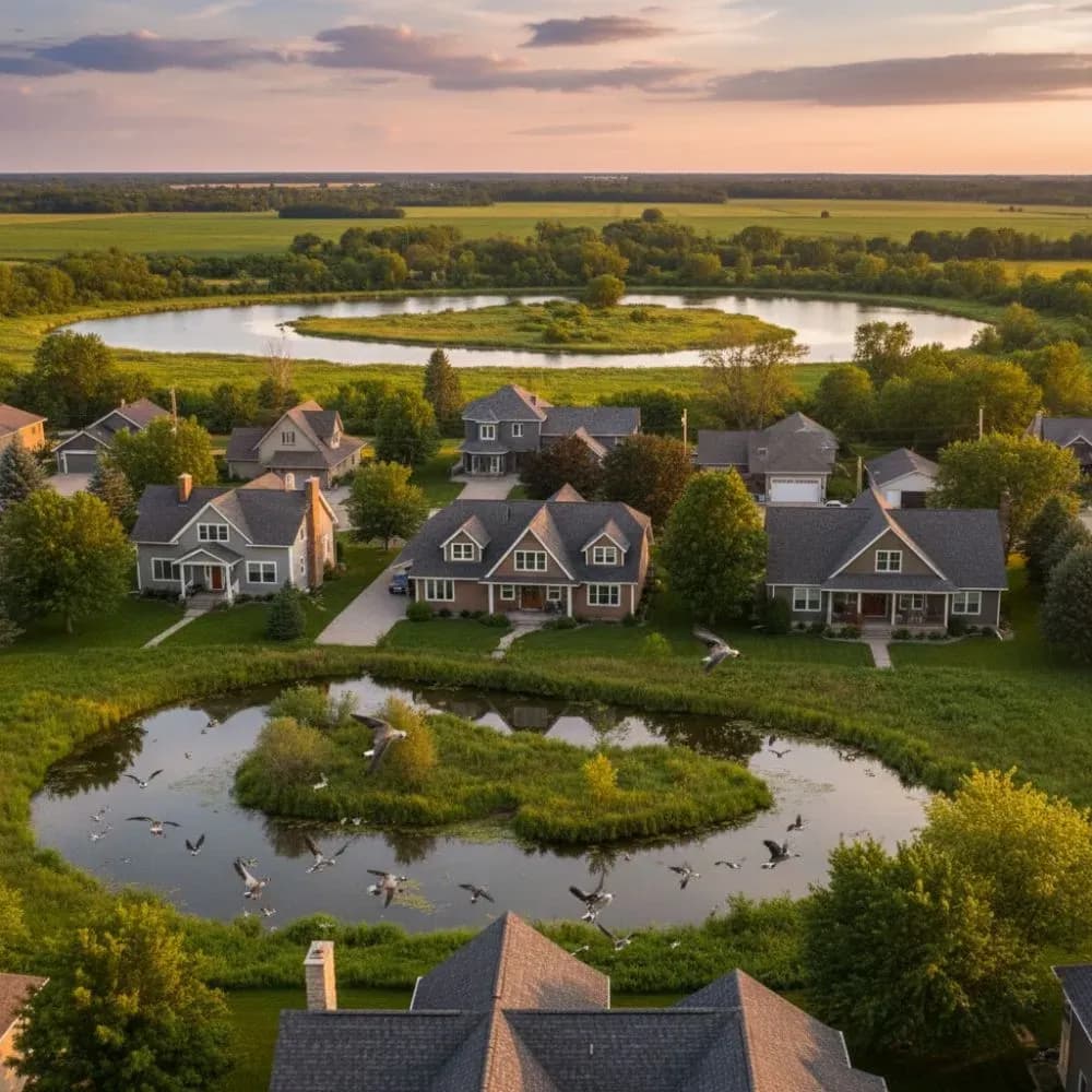 An aerial view of a neighborhood of houses in a rural setting with small ponds.